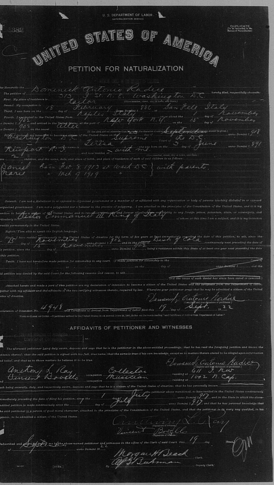 1922 petition for naturalization of Domenico Radice