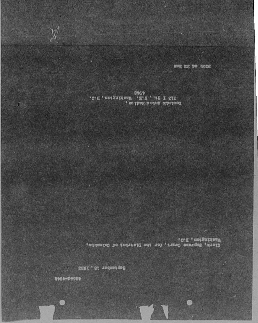 Cover of the naturalization file addressed to the Clerk of the Supreme Court, District of Columbia