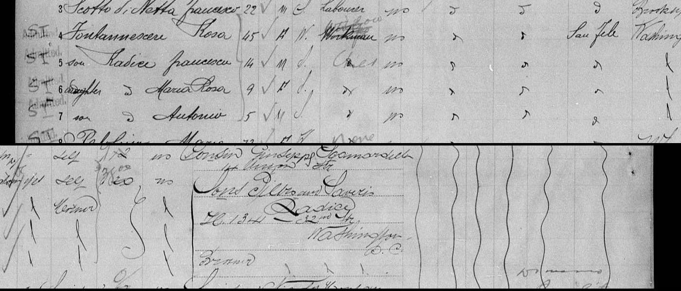 SS Gallia passenger manifest crop showing Rosa and three children in April 1905, with their Washington destination