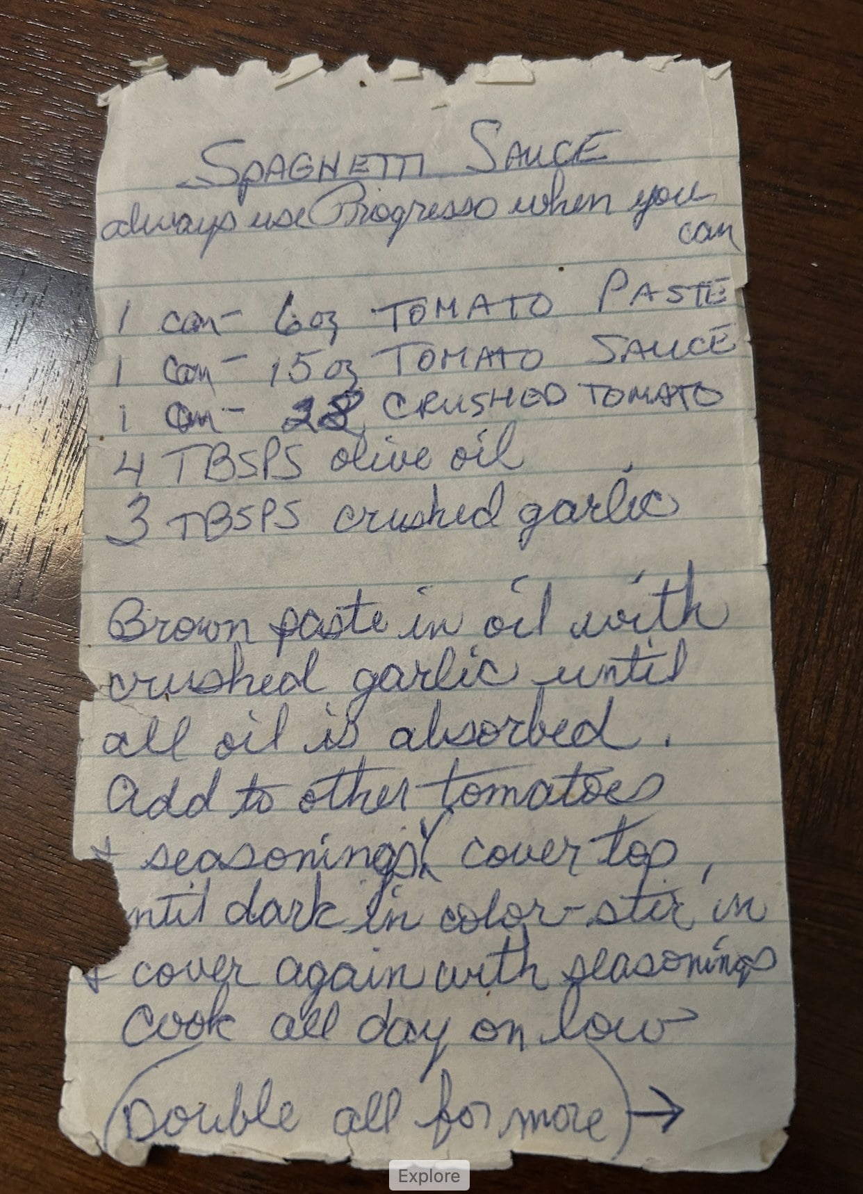 Handwritten spaghetti sauce recipe card