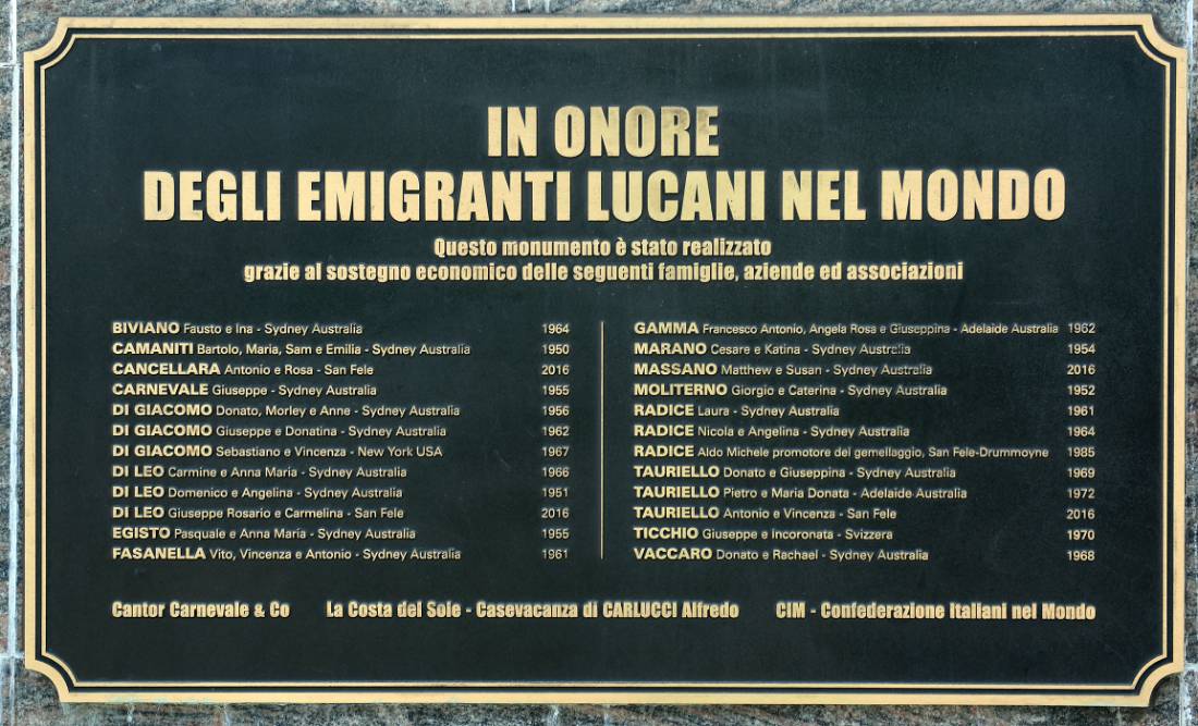Donors’ plaque on San Fele’s Monument to Lucanian Emigrants, with three Radice entries in the right-hand column